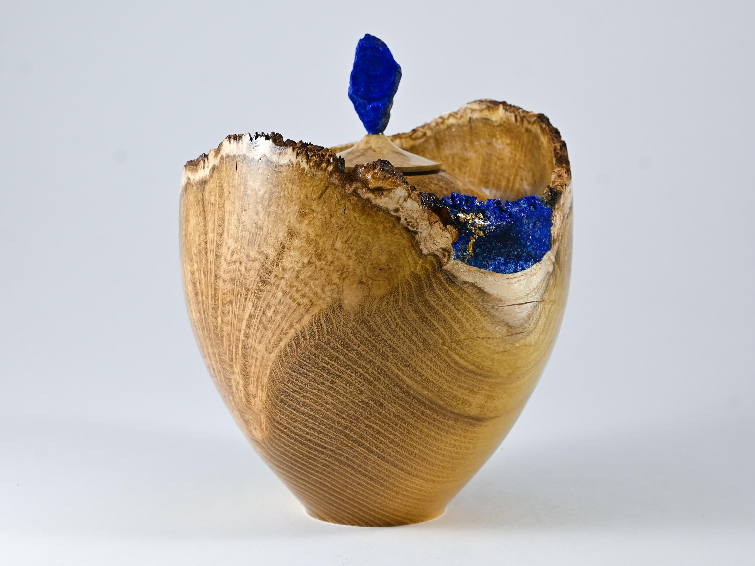 Handmade Black Locust Burl Urn: Lapis Lazuli lid, Blue Minerals & Gold Inlay (140 c.i.)