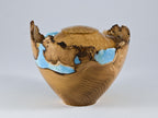 Handmade Black Locust Burl Wood Urn, light blue mineral and gold inlay (90 c.i.)