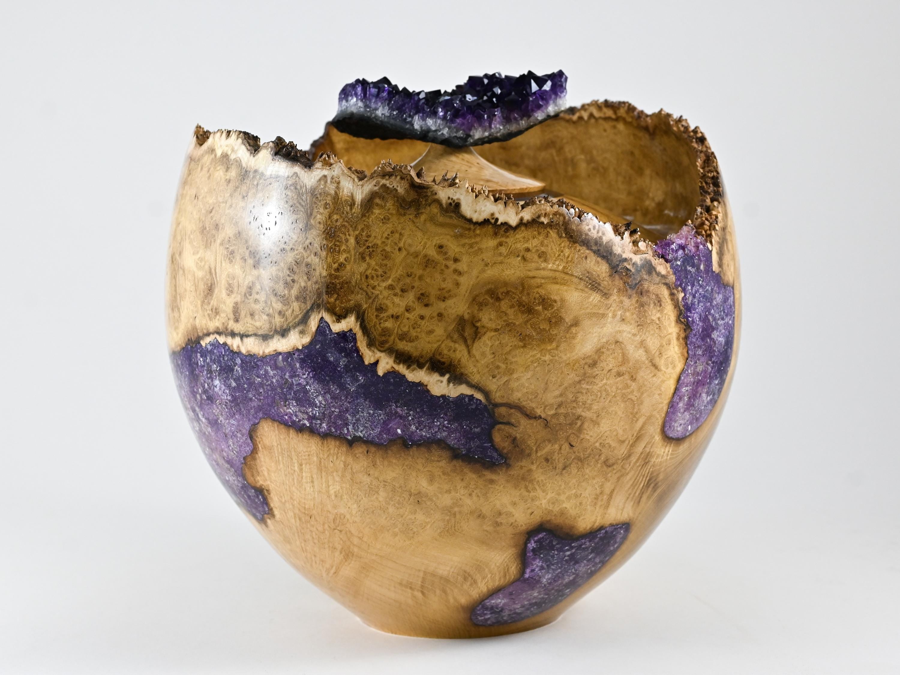 Handmade Black Locust Burl Wood Companion Urn, Purple Mineral Inlay, Amethyst Lid (400 c.i.)