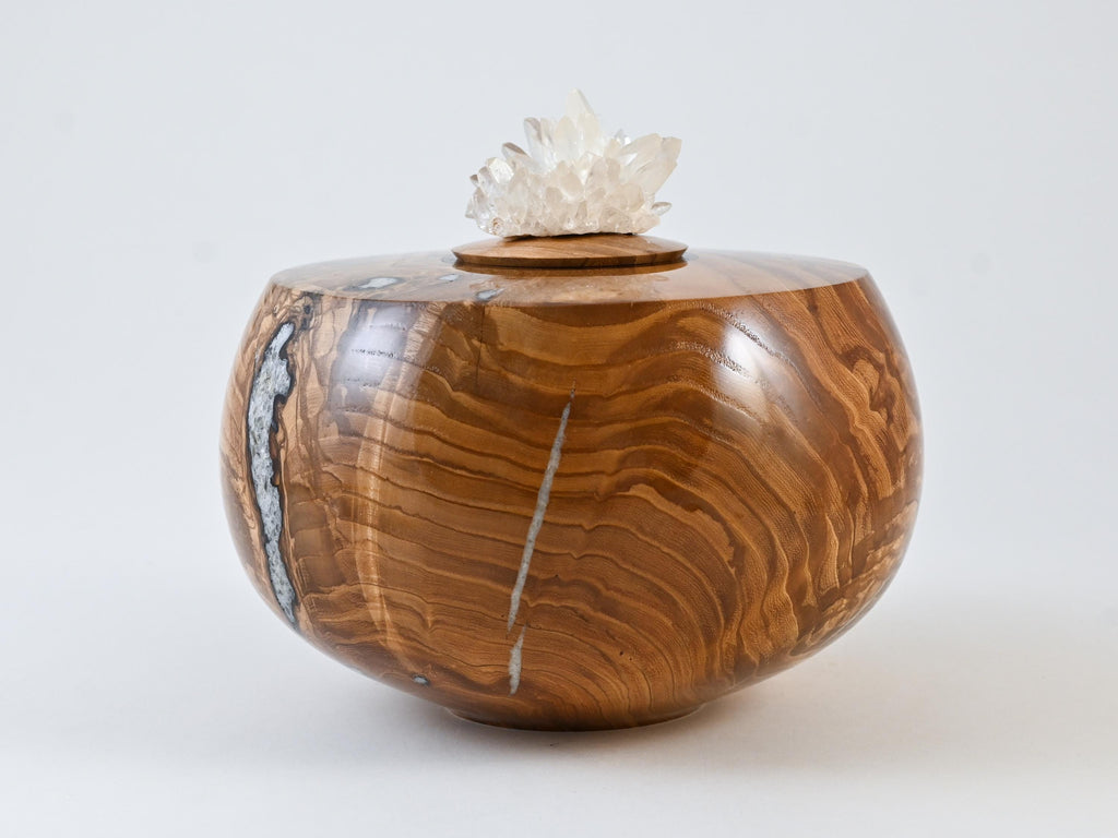 Handmade Ash Wood Urn, Calcite inlay, Calcite cluster lid (165 c.i)