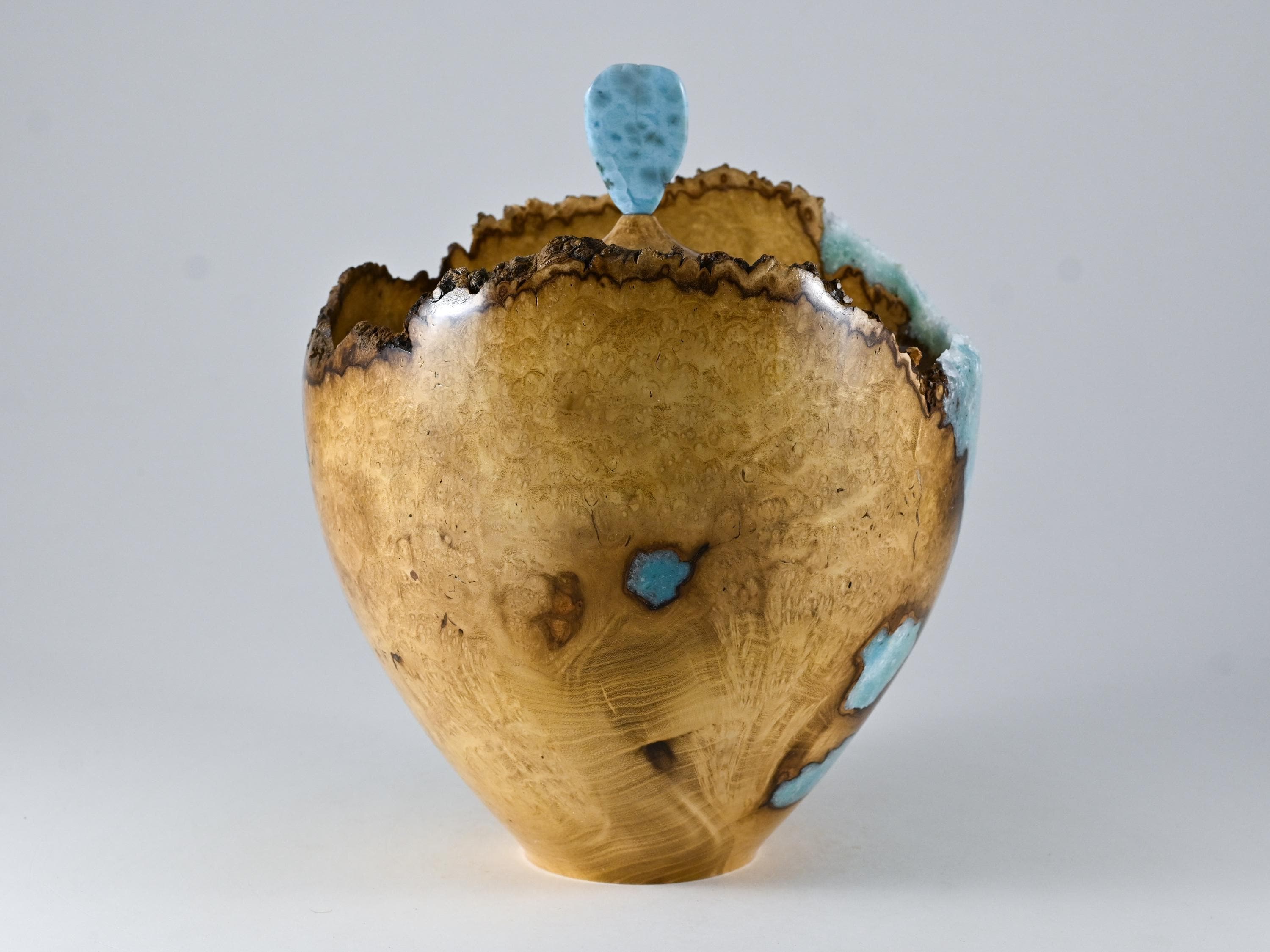 Handmade Black Locust Burl Urn: Larimar lid, mineral Inlay (215 c.i.)