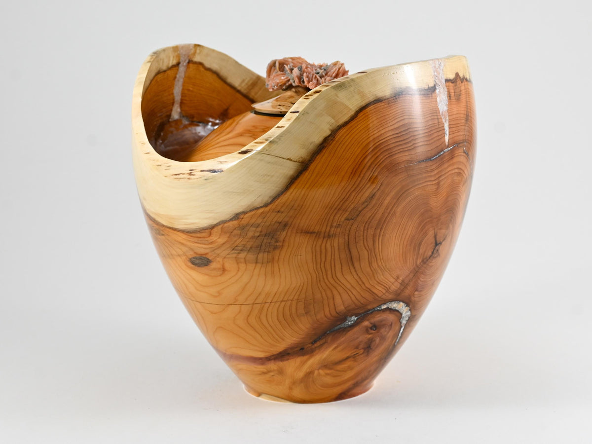Handmade Yew wood urn, Calcite mineral inlay, Barite lid (230 c.i.)