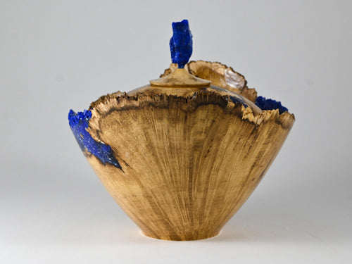 Handmade Black Locust Burl Urn: Lapis Lazuli lid, Blue Minerals & Gold Inlay (215 c.i.)