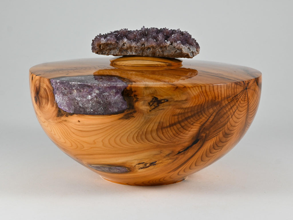 Handmade Yew wood urn, Purple mineral inlay, Amethyst lid (230 c.i.)