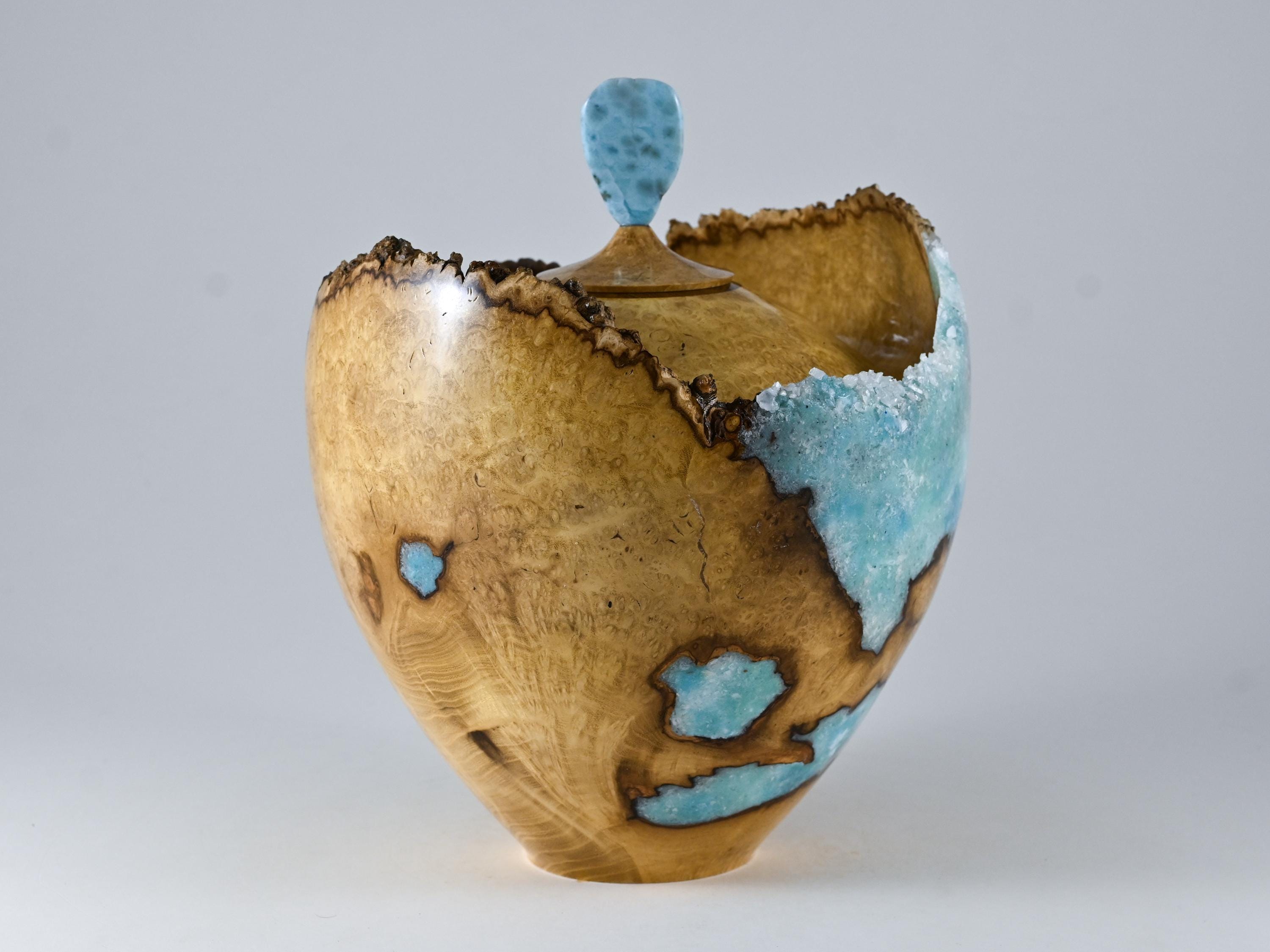 Handmade Black Locust Burl Urn: Larimar lid, mineral Inlay (215 c.i.)