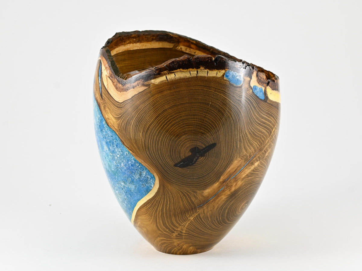 Handmade Laburnum Cremation Urn, Blue Mineral Inlay (270 c.i.)
