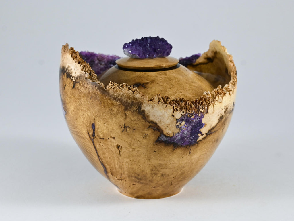 Small Handmade Black Locust Burl Wood Urn, Purple Mineral Inlay, Amethyst Lid (75 c.i.)