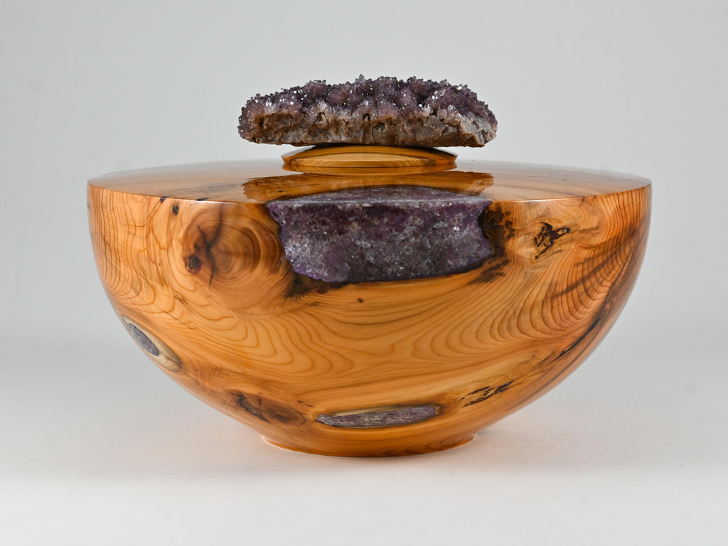 Handmade Yew wood urn, Purple mineral inlay, Amethyst lid (230 c.i.)