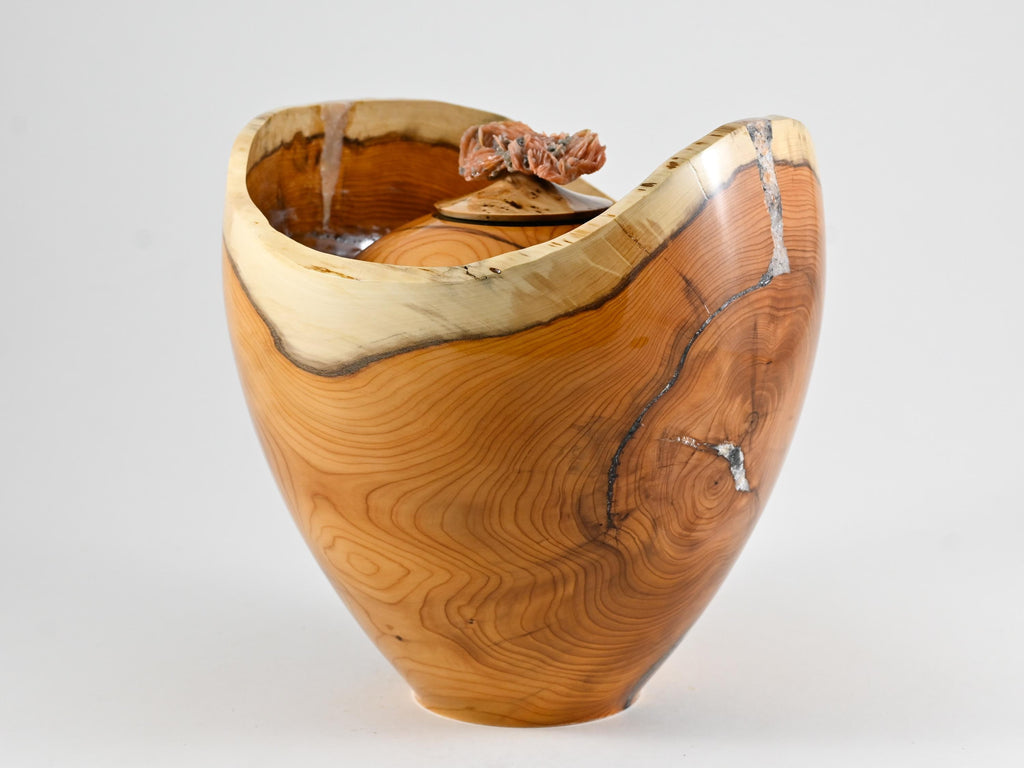 Handmade Yew wood urn, Calcite mineral inlay, Barite lid (230 c.i.)