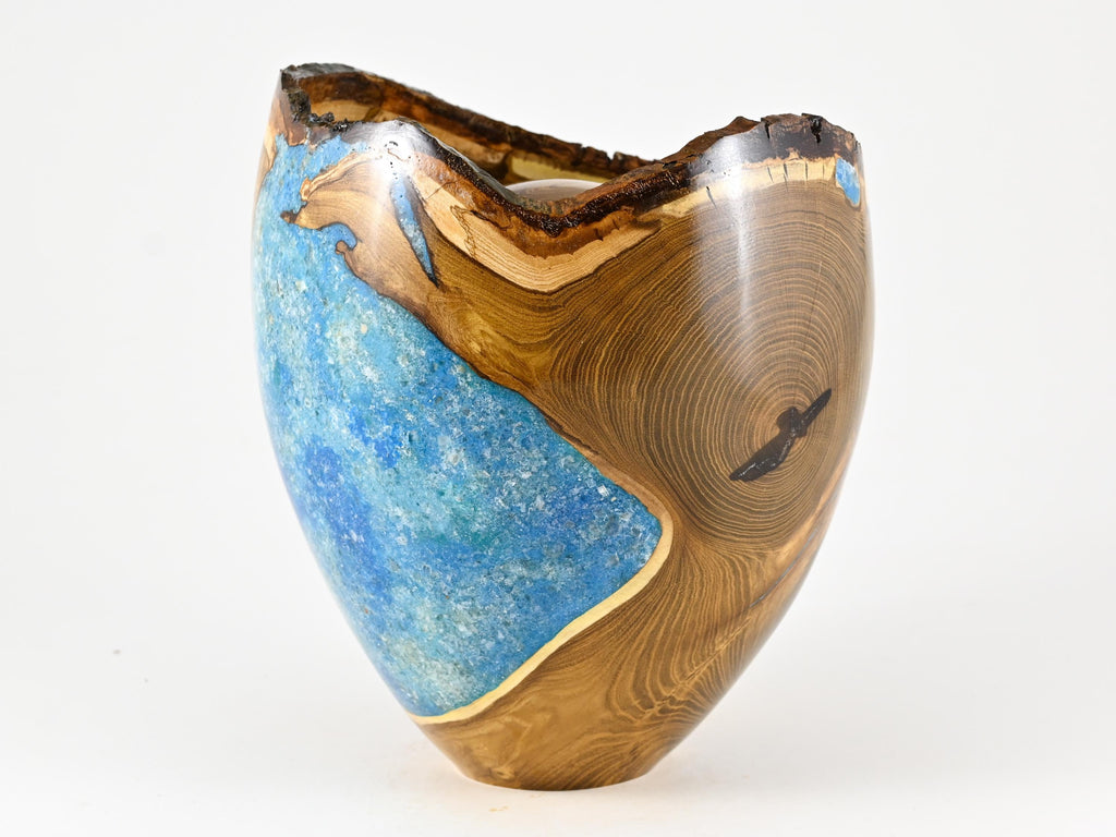 Handmade Laburnum Cremation Urn, Blue Mineral Inlay (270 c.i.)