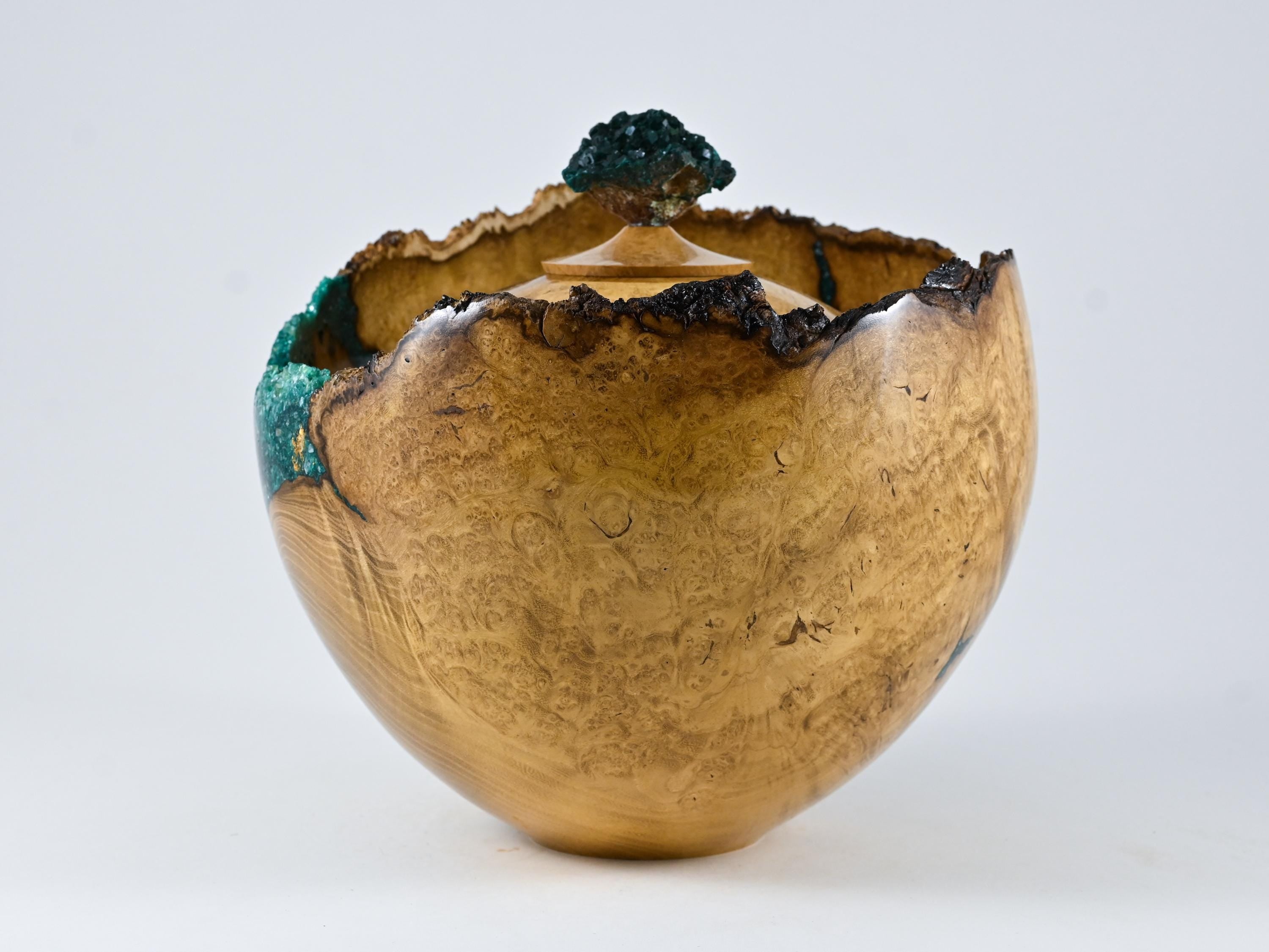 Handmade Black Locust Burl Urn: Dioptase Lid, Green mineral Inlay (240 c.i.)