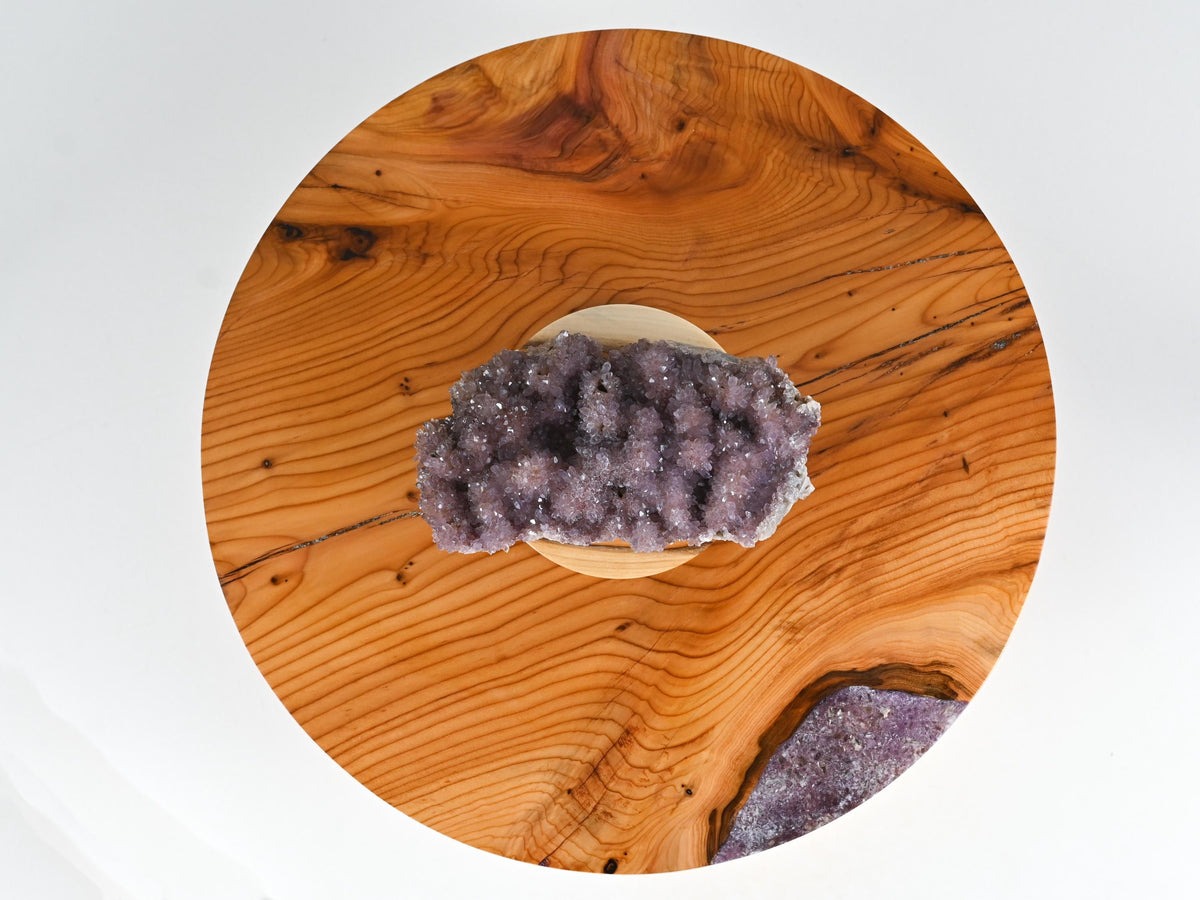 Handmade Yew wood urn, Purple mineral inlay, Amethyst lid (230 c.i.)