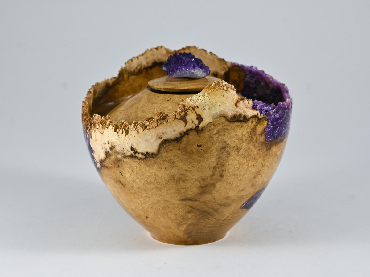Small Handmade Black Locust Burl Wood Urn, Purple Mineral Inlay, Amethyst Lid (75 c.i.)