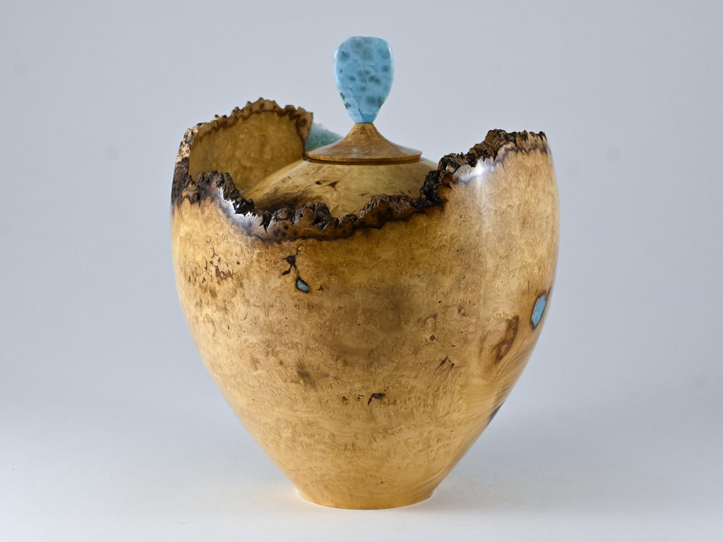 Handmade Black Locust Burl Urn: Larimar lid, mineral Inlay (215 c.i.)