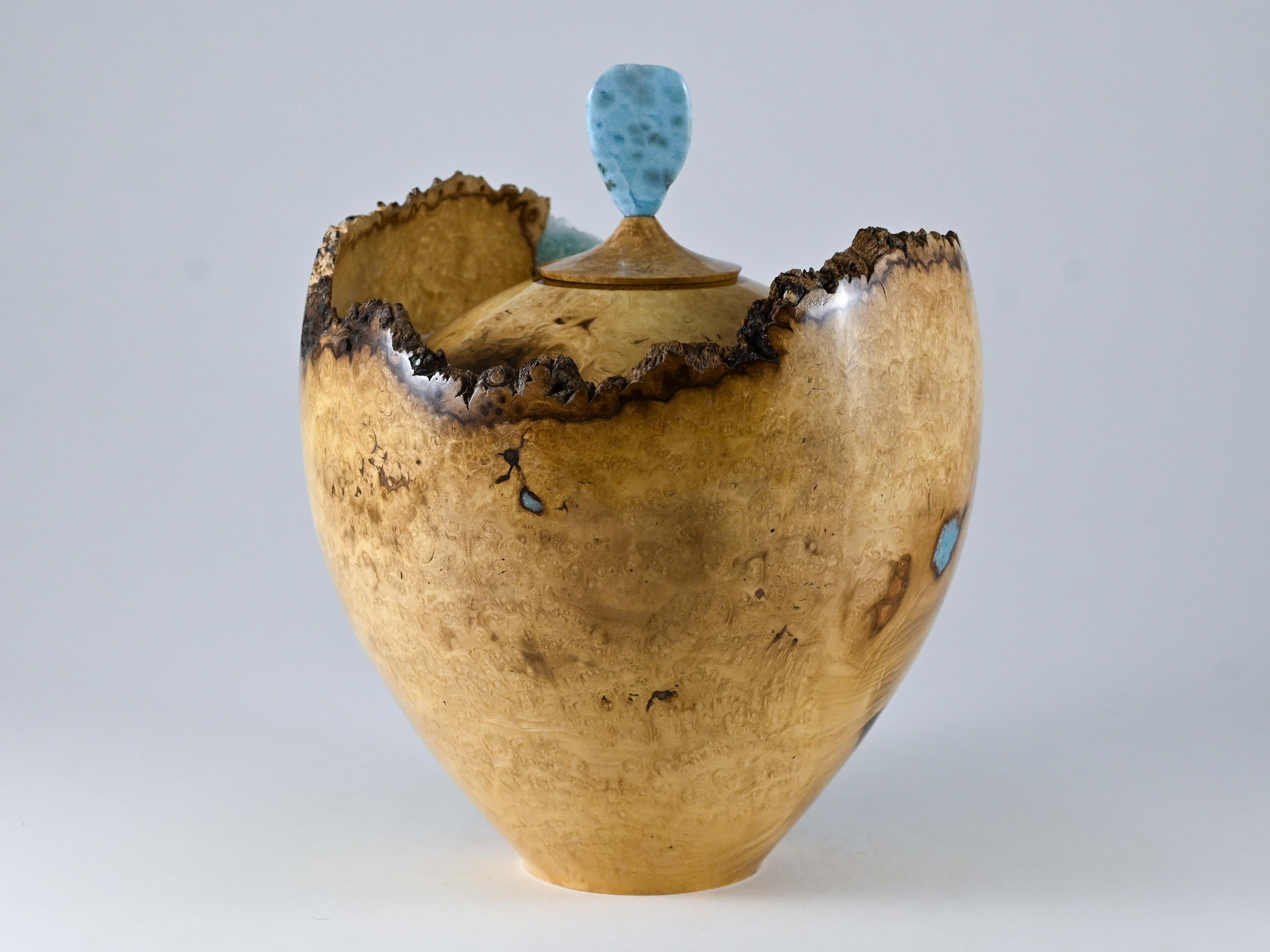 Handmade Black Locust Burl Urn: Larimar lid, mineral Inlay (215 c.i.)