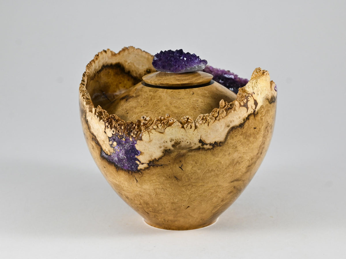 Small Handmade Black Locust Burl Wood Urn, Purple Mineral Inlay, Amethyst Lid (75 c.i.)