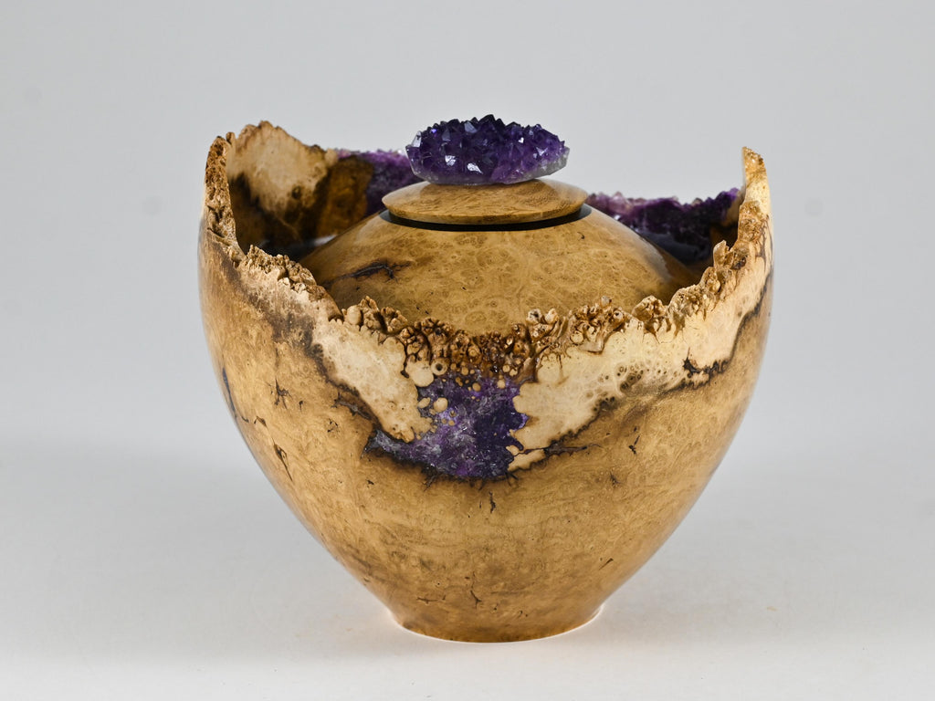 Small Handmade Black Locust Burl Wood Urn, Purple Mineral Inlay, Amethyst Lid (75 c.i.)