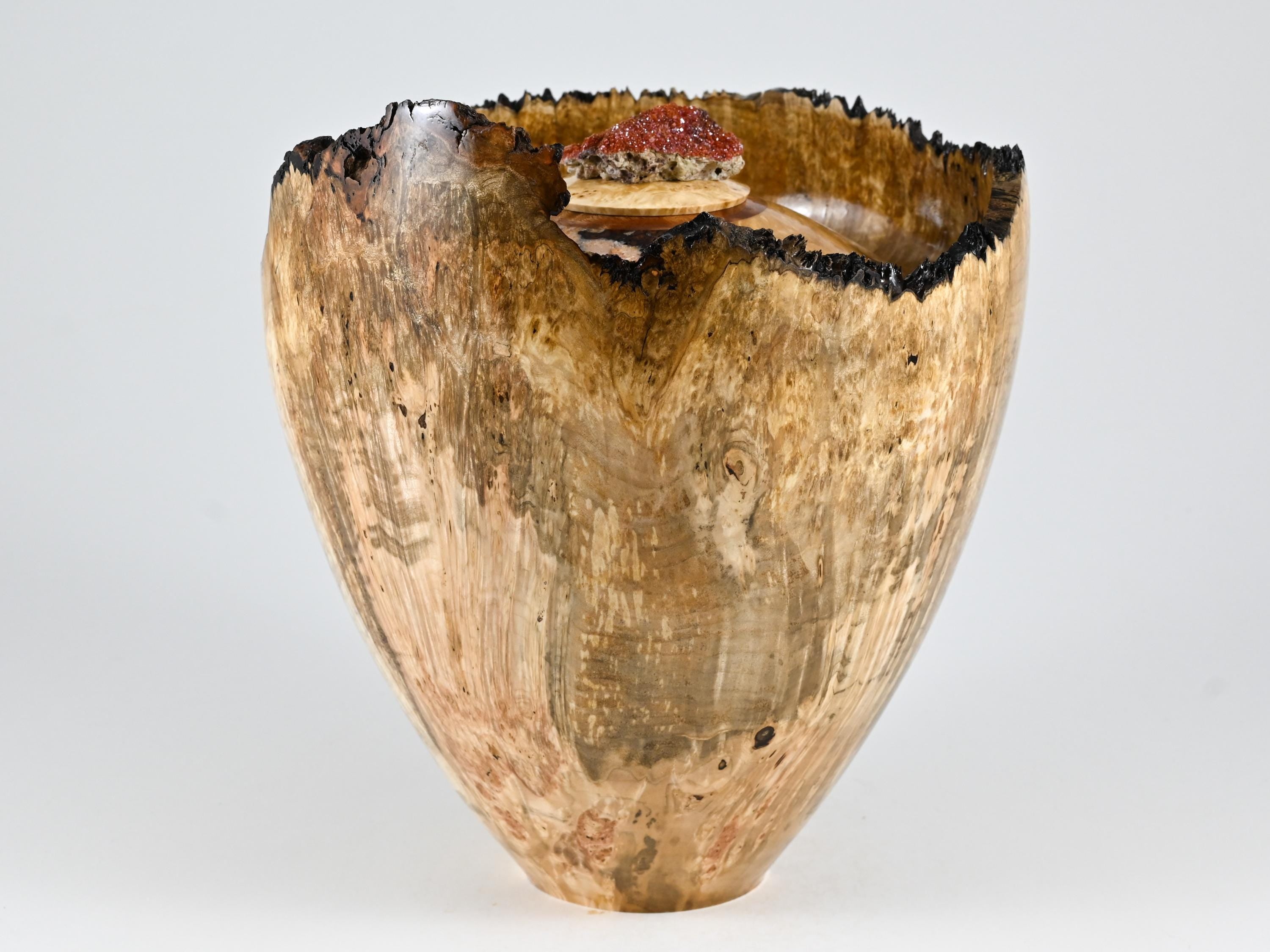 Handmade Maple Burl Wood Urn, Vanadinite lid (220 c.i)