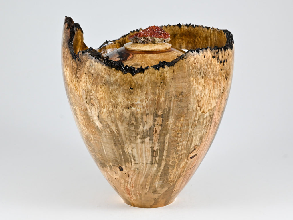Handmade Maple Burl Wood Urn, Vanadinite lid (220 c.i)