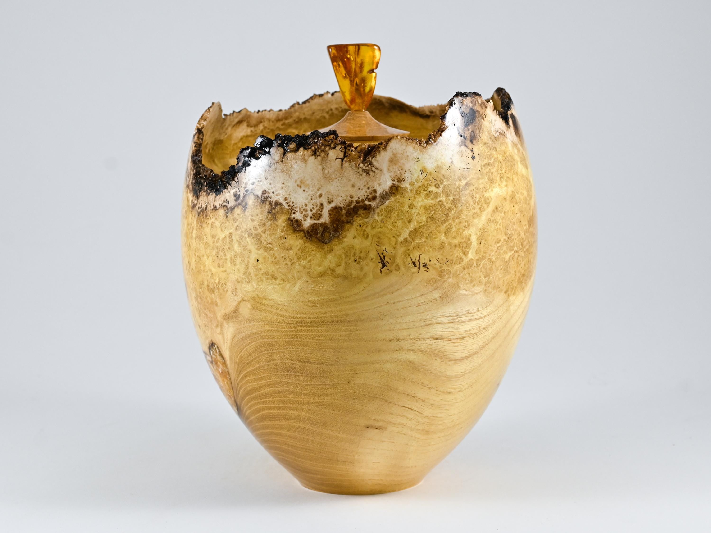 Handmade Black Locust Burl Wood Urn, Amber Inlay & Lid (210 c.i.)