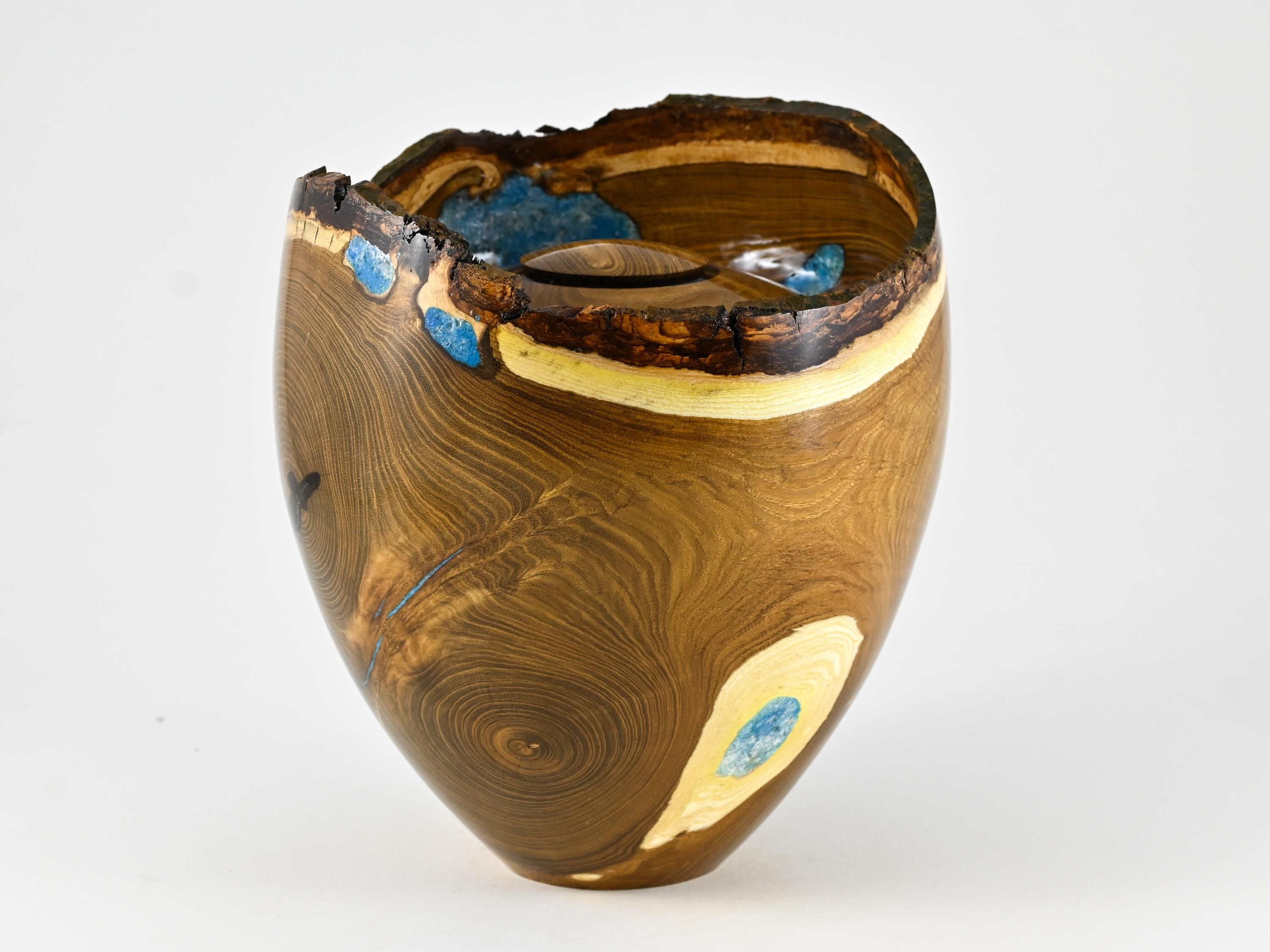 Handmade Laburnum Cremation Urn, Blue Mineral Inlay (270 c.i.)