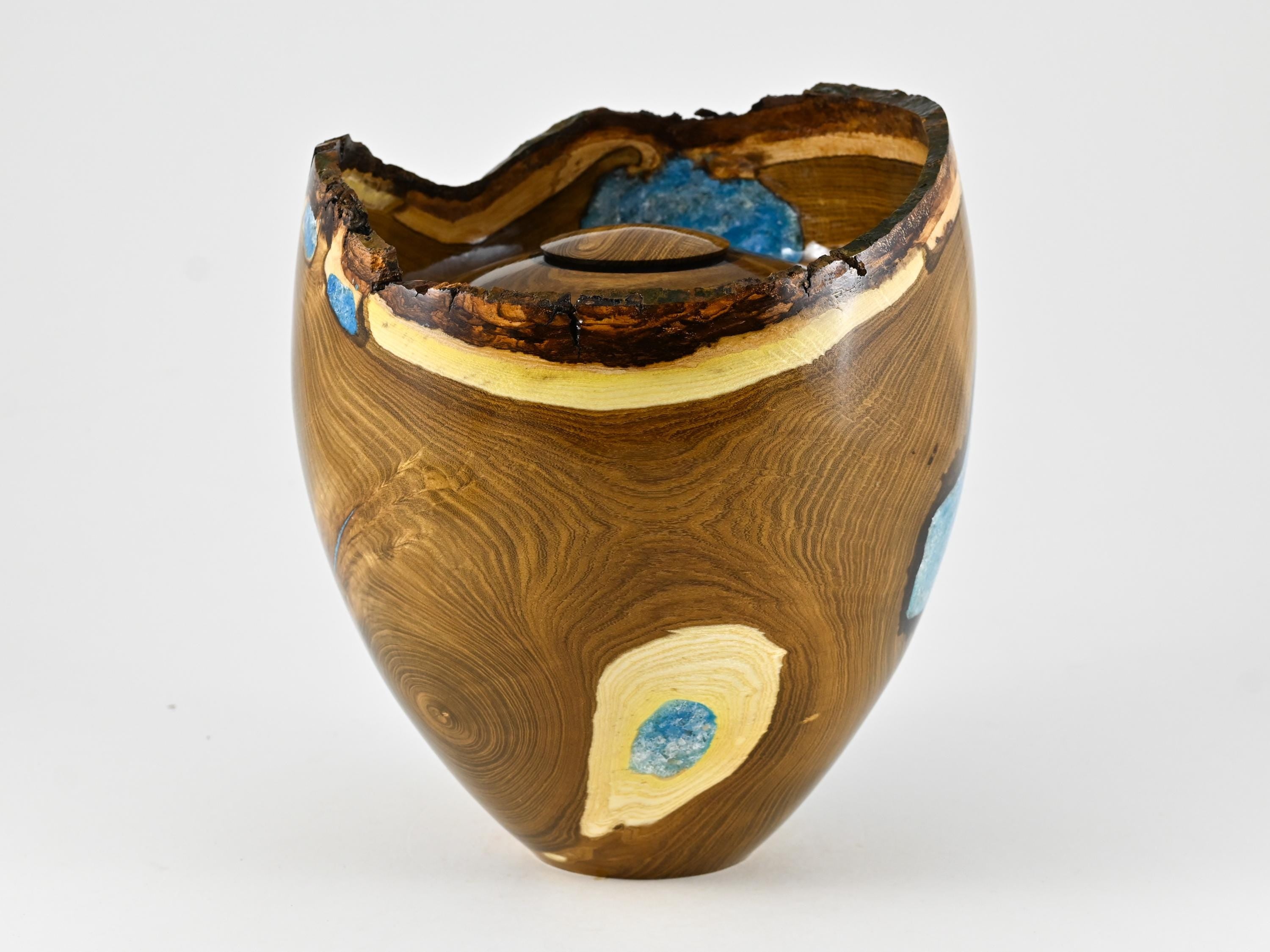 Handmade Laburnum Cremation Urn, Blue Mineral Inlay (270 c.i.)