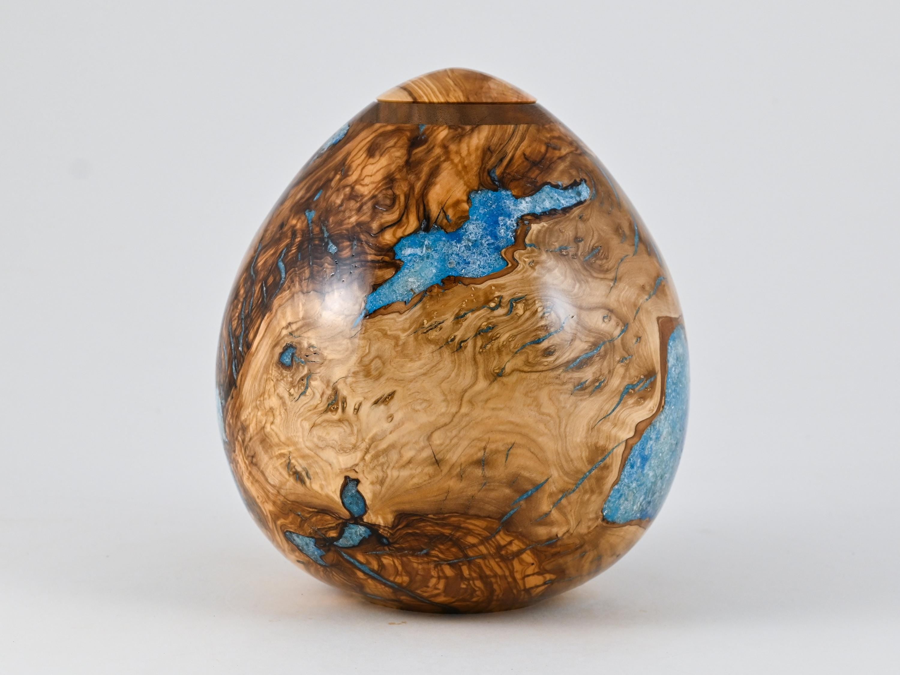Handmade Olive urn, Blue Mineral Inlay (175 c.i)