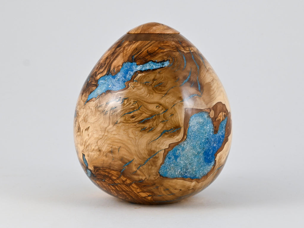 Handmade Olive urn, Blue Mineral Inlay (175 c.i)