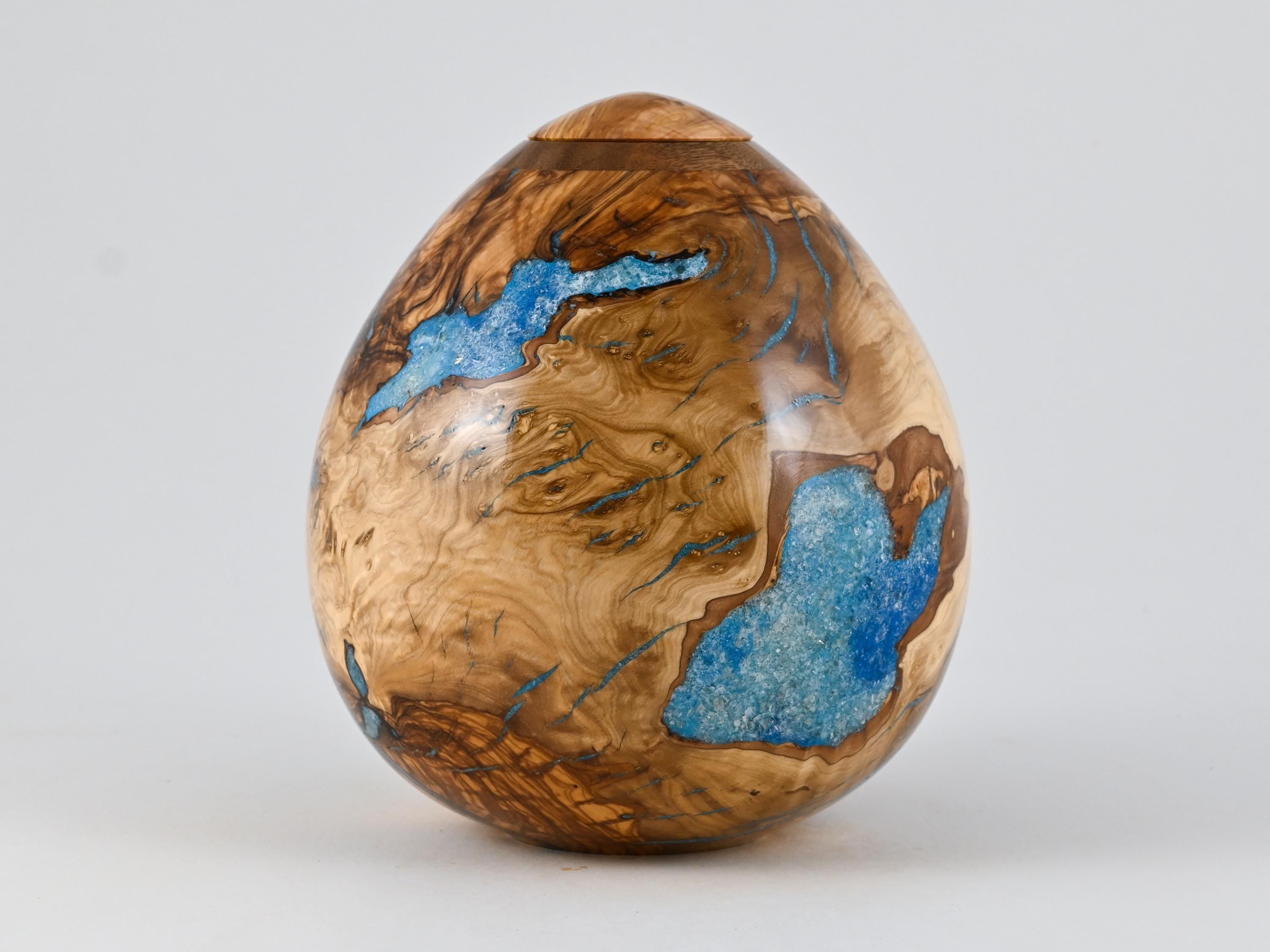 Handmade Olive urn, Blue Mineral Inlay (175 c.i)