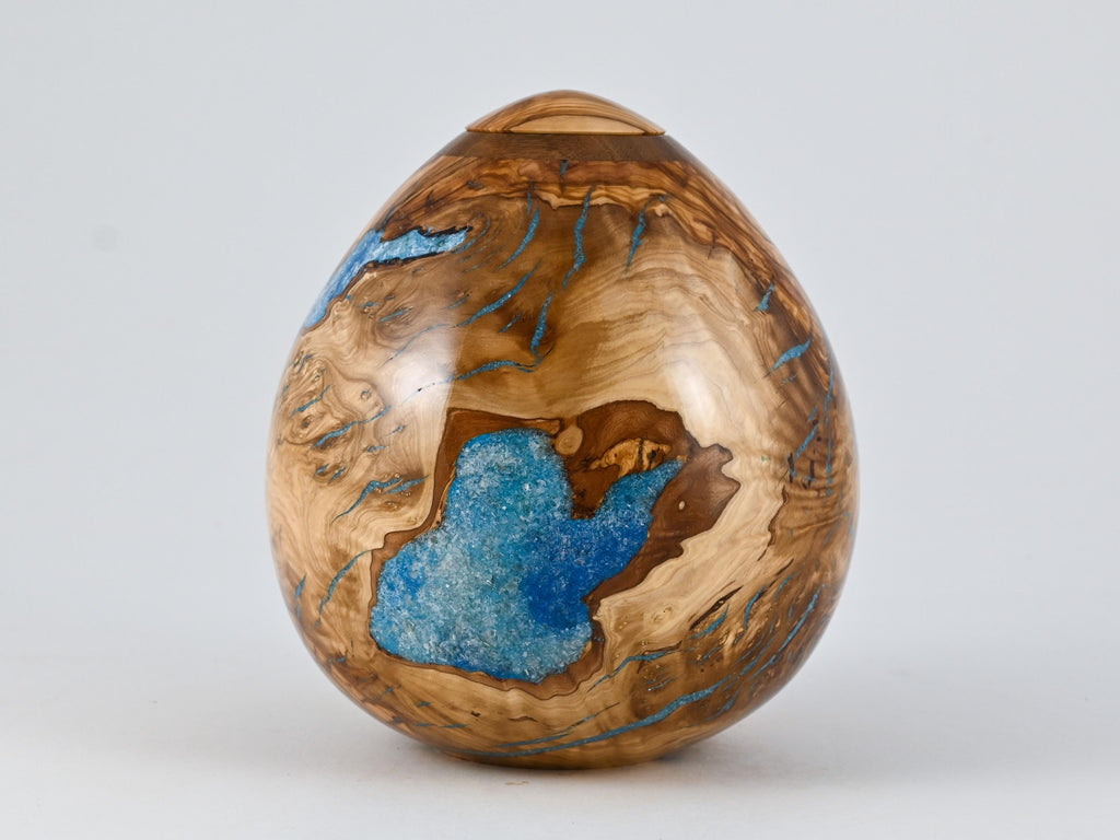 Handmade Olive urn, Blue Mineral Inlay (175 c.i)