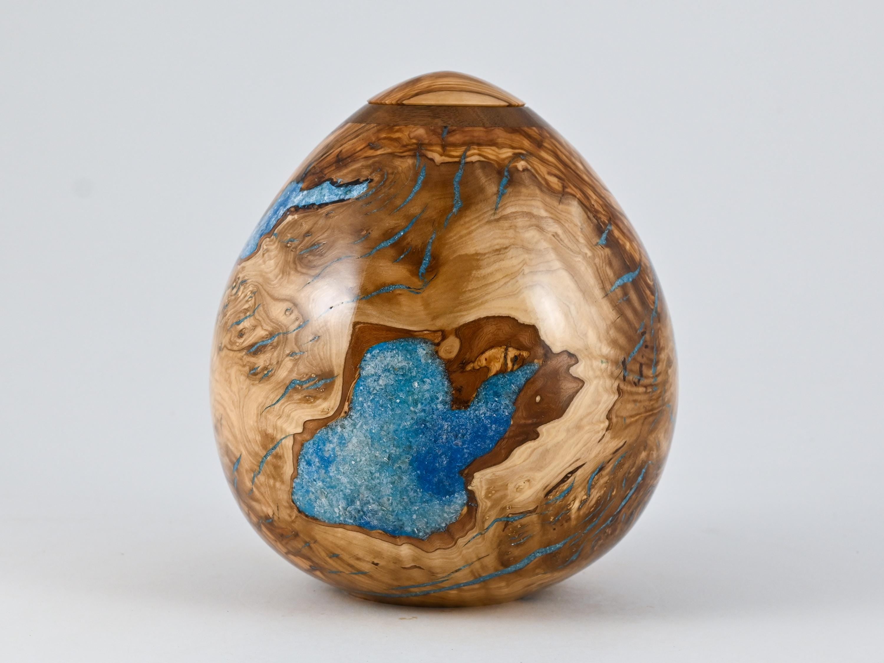 Handmade Olive urn, Blue Mineral Inlay (175 c.i)