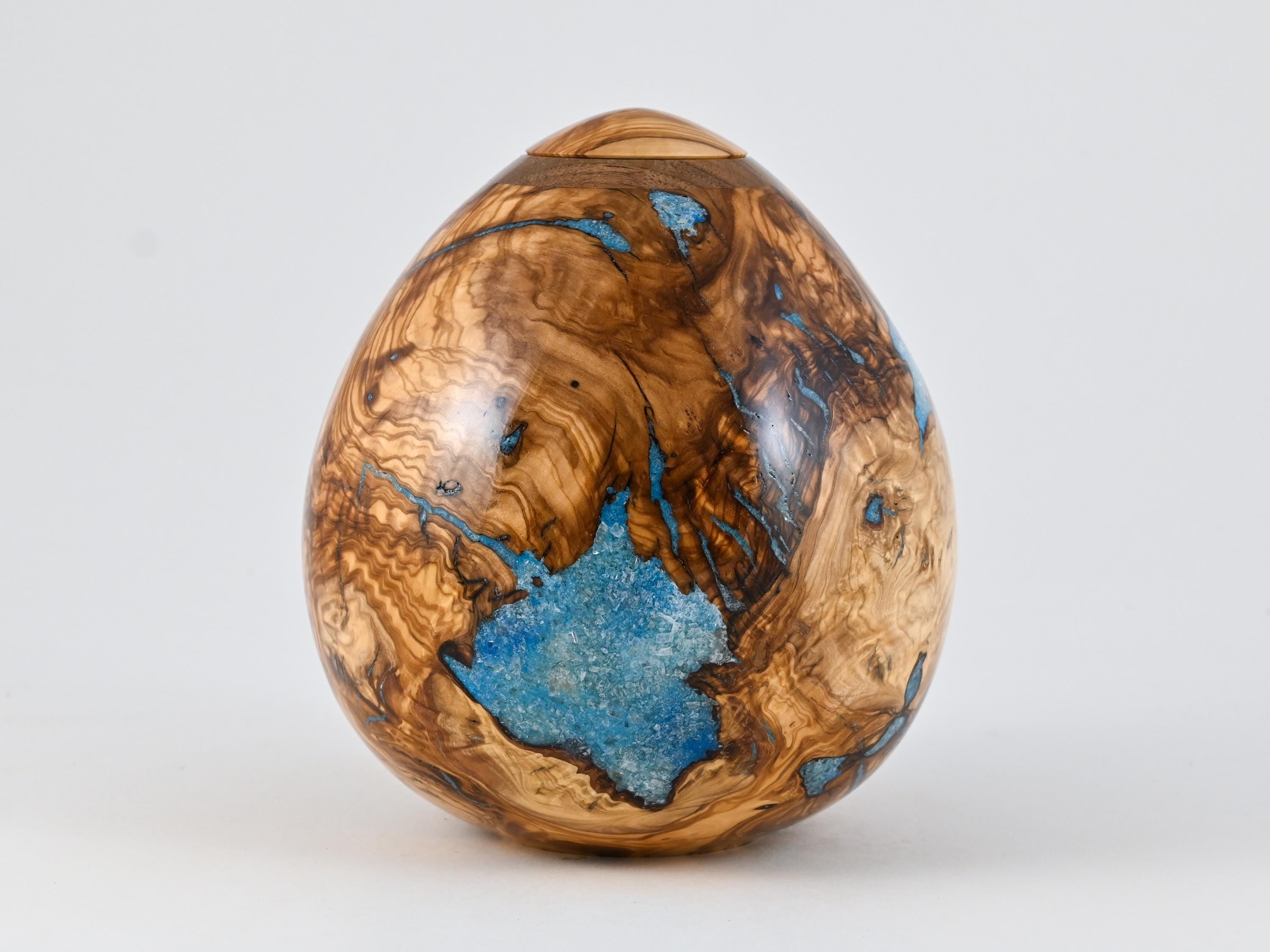 Handmade Olive urn, Blue Mineral Inlay (175 c.i)