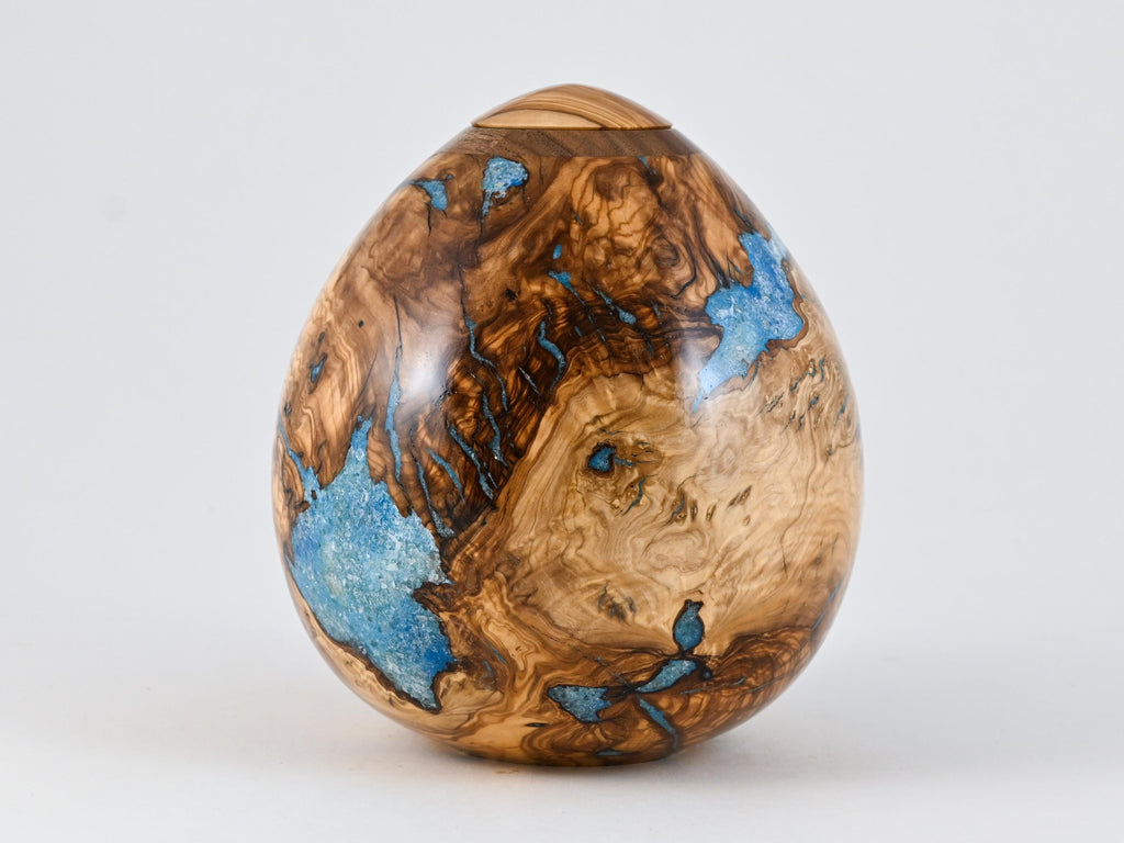 Handmade Olive urn, Blue Mineral Inlay (175 c.i)