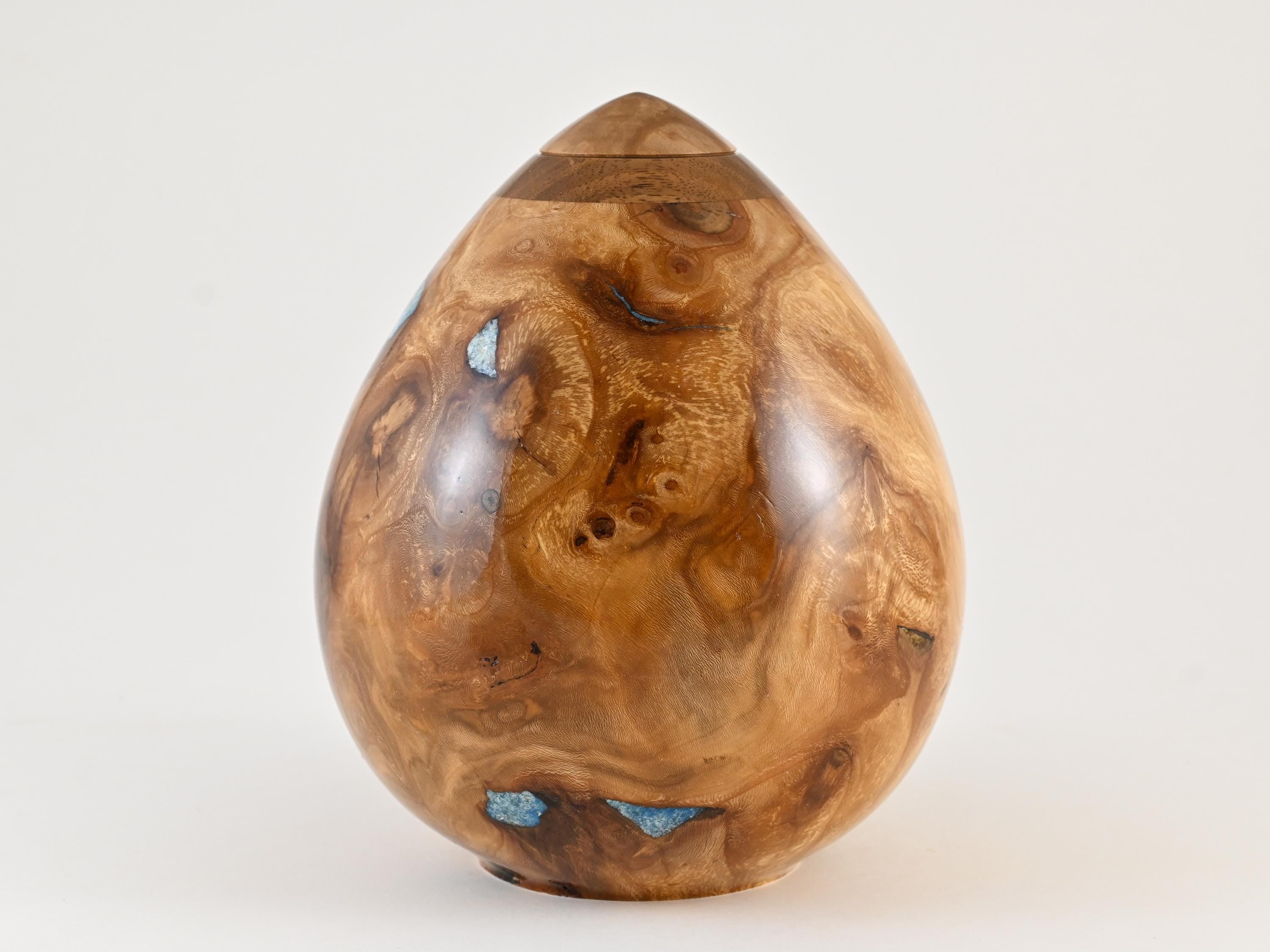 Handmade Siccamore Wood Urn, Light Blue Mineral Inlay (200 c.i.)
