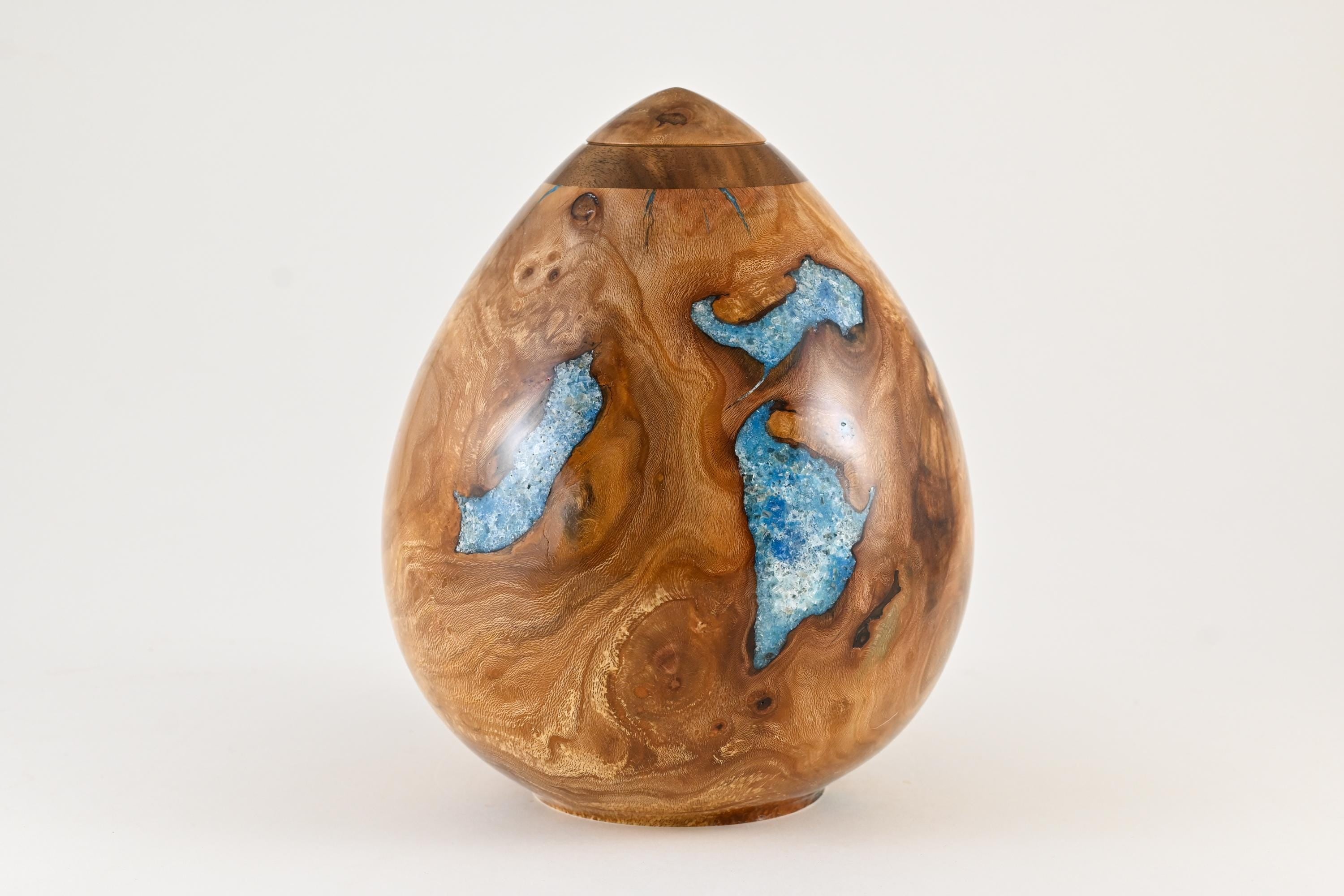 Handmade Siccamore Wood Urn, Light Blue Mineral Inlay (200 c.i.)