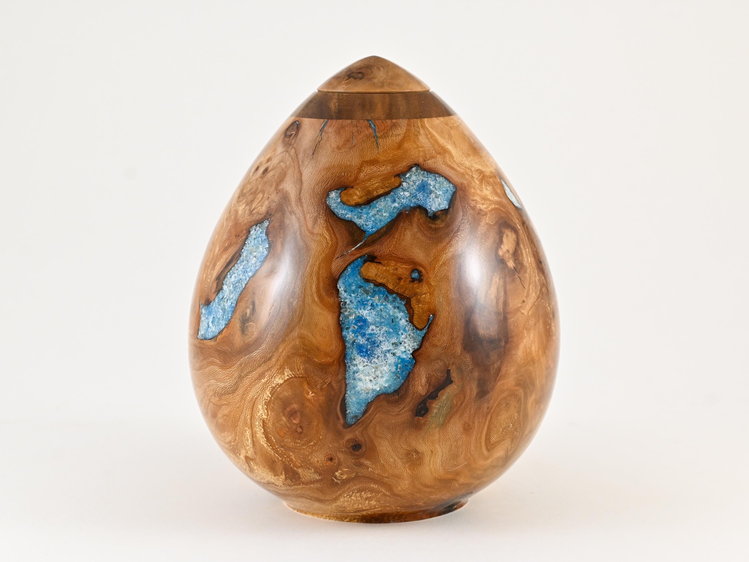 Handmade Siccamore Wood Urn, Light Blue Mineral Inlay (200 c.i.)