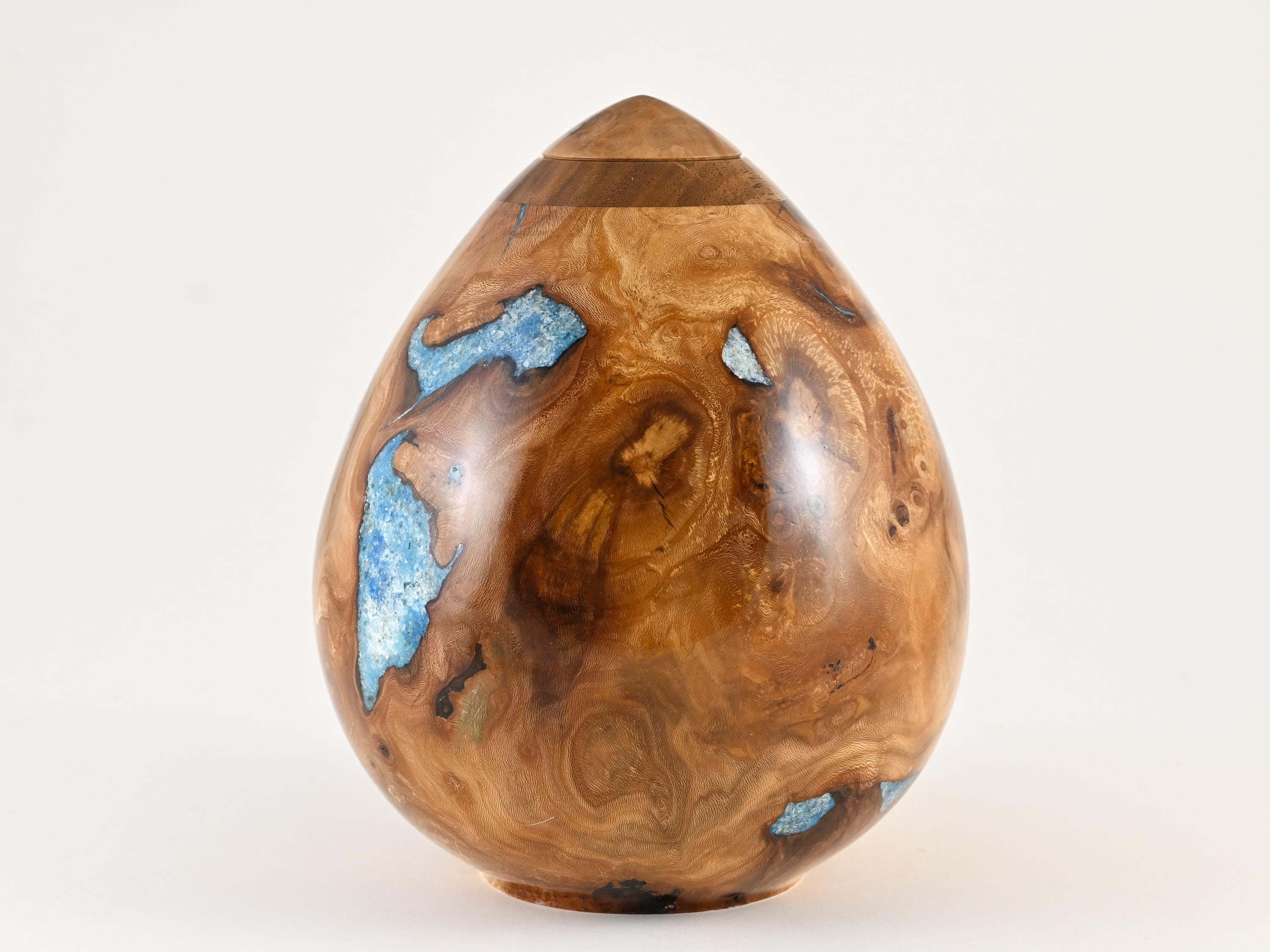 Handmade Siccamore Wood Urn, Light Blue Mineral Inlay (200 c.i.)