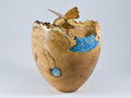Handmade Black Locust Burl Wood Urn: Light Blue Mineral inlay, Butterfly Lid (240 c.i.)