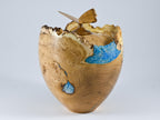 Handmade Black Locust Burl Wood Urn: Light Blue Mineral inlay, Butterfly Lid (240 c.i.)