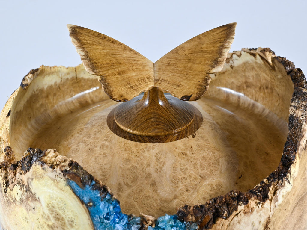 Handmade Black Locust Burl Wood Urn: Light Blue Mineral inlay, Butterfly Lid (240 c.i.)