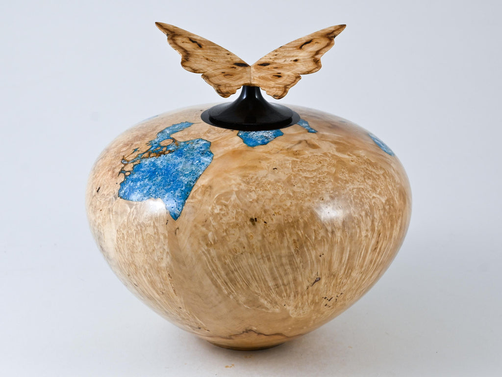 Handmade Boxelder Burl Wood Urn, Blue Mineral inlay, Butterfly lid (330 c.i.)