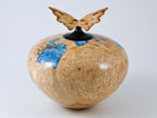 Handmade Boxelder Burl Wood Urn, Blue Mineral inlay, Butterfly lid (330 c.i.)