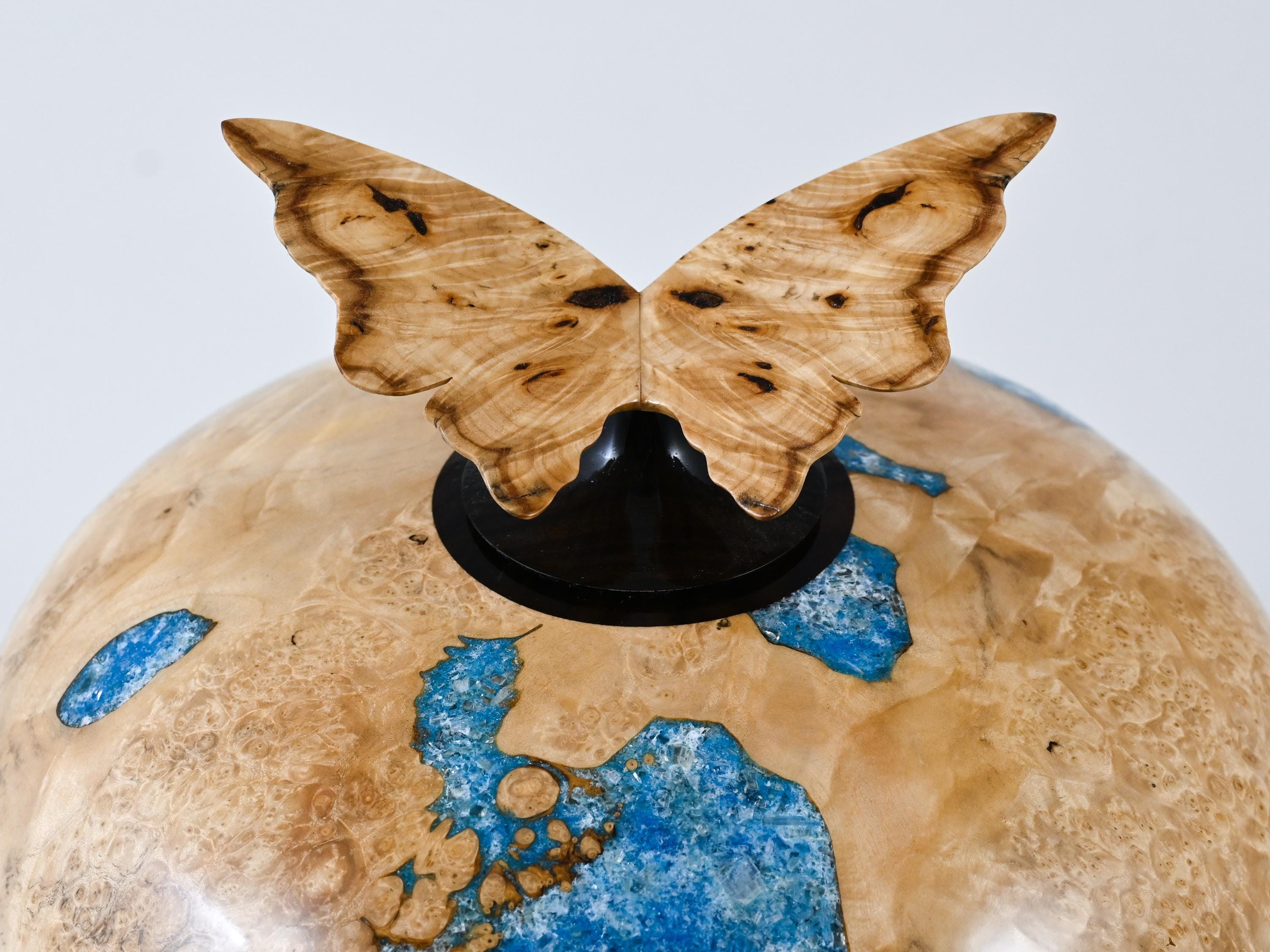 Handmade Boxelder Burl Wood Urn, Blue Mineral inlay, Butterfly lid (330 c.i.)