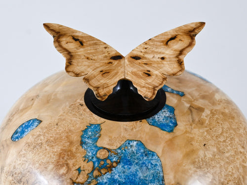Handmade Boxelder Burl Wood Urn, Blue Mineral inlay, Butterfly lid (330 c.i.)