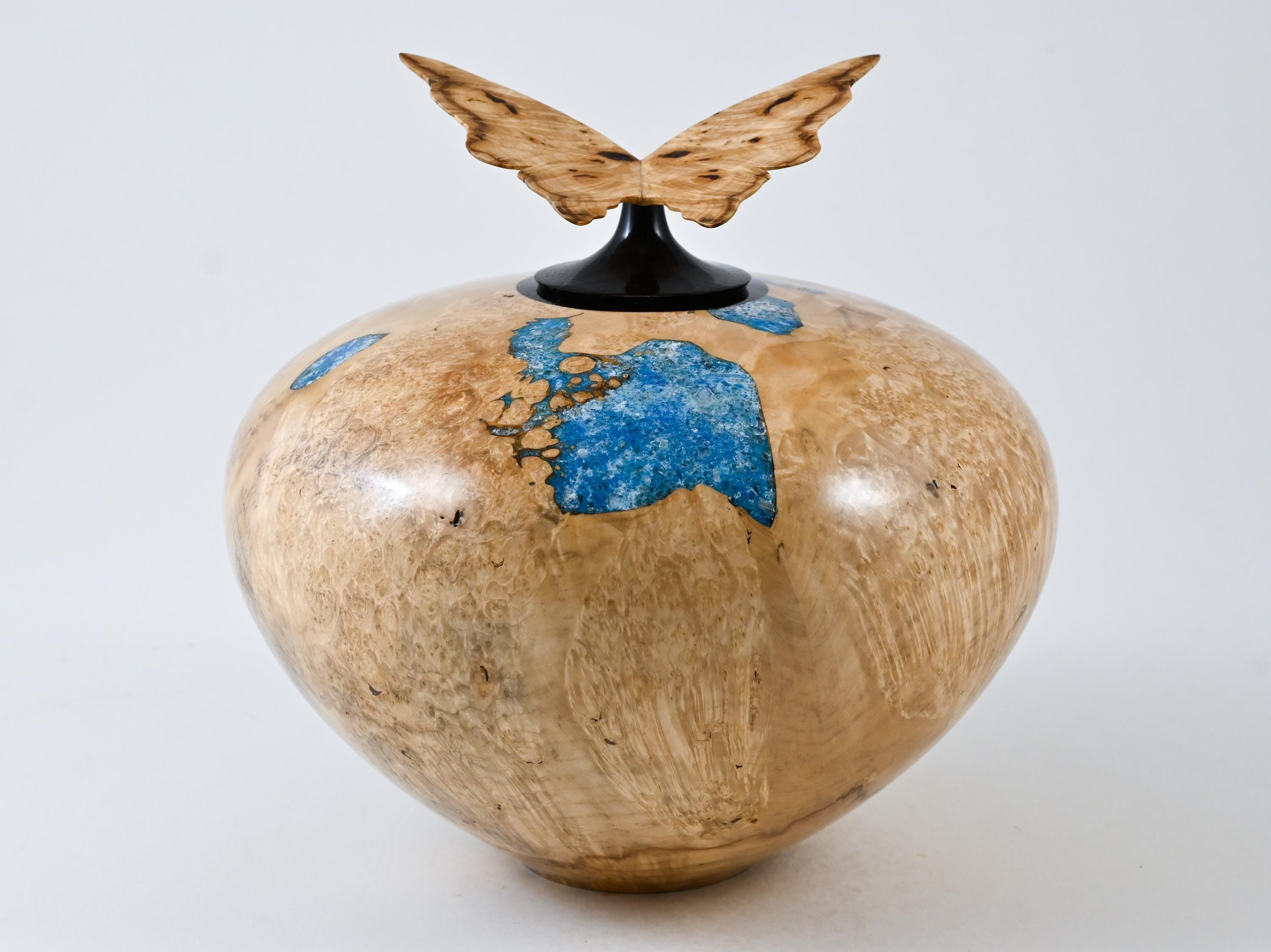 Handmade Boxelder Burl Wood Urn, Blue Mineral inlay, Butterfly lid (330 c.i.)
