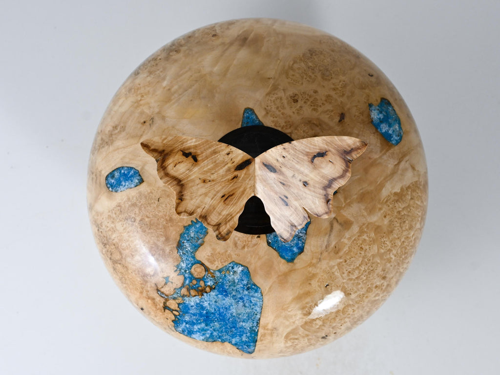 Handmade Boxelder Burl Wood Urn, Blue Mineral inlay, Butterfly lid (330 c.i.)