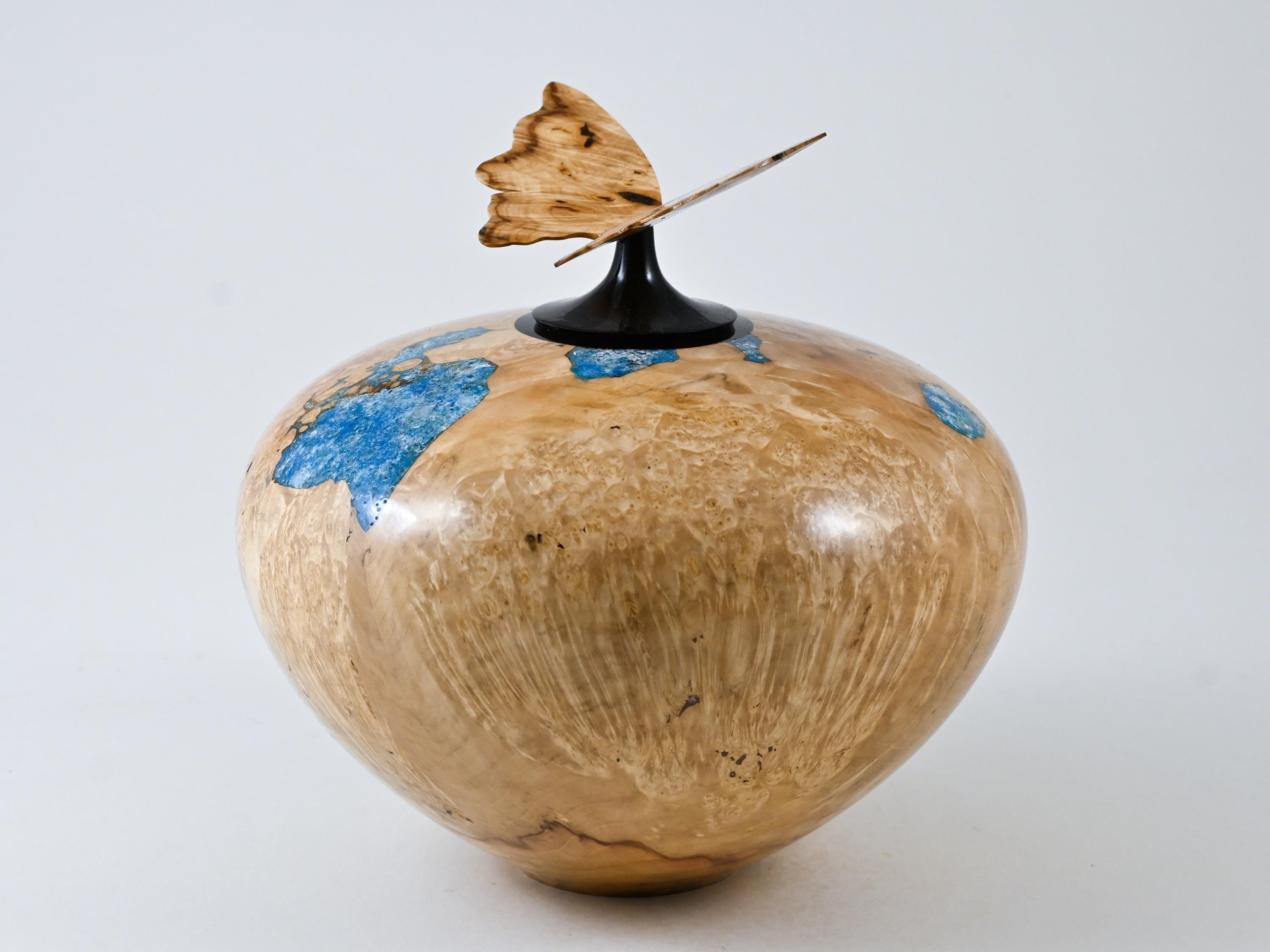 Handmade Boxelder Burl Wood Urn, Blue Mineral inlay, Butterfly lid (330 c.i.)