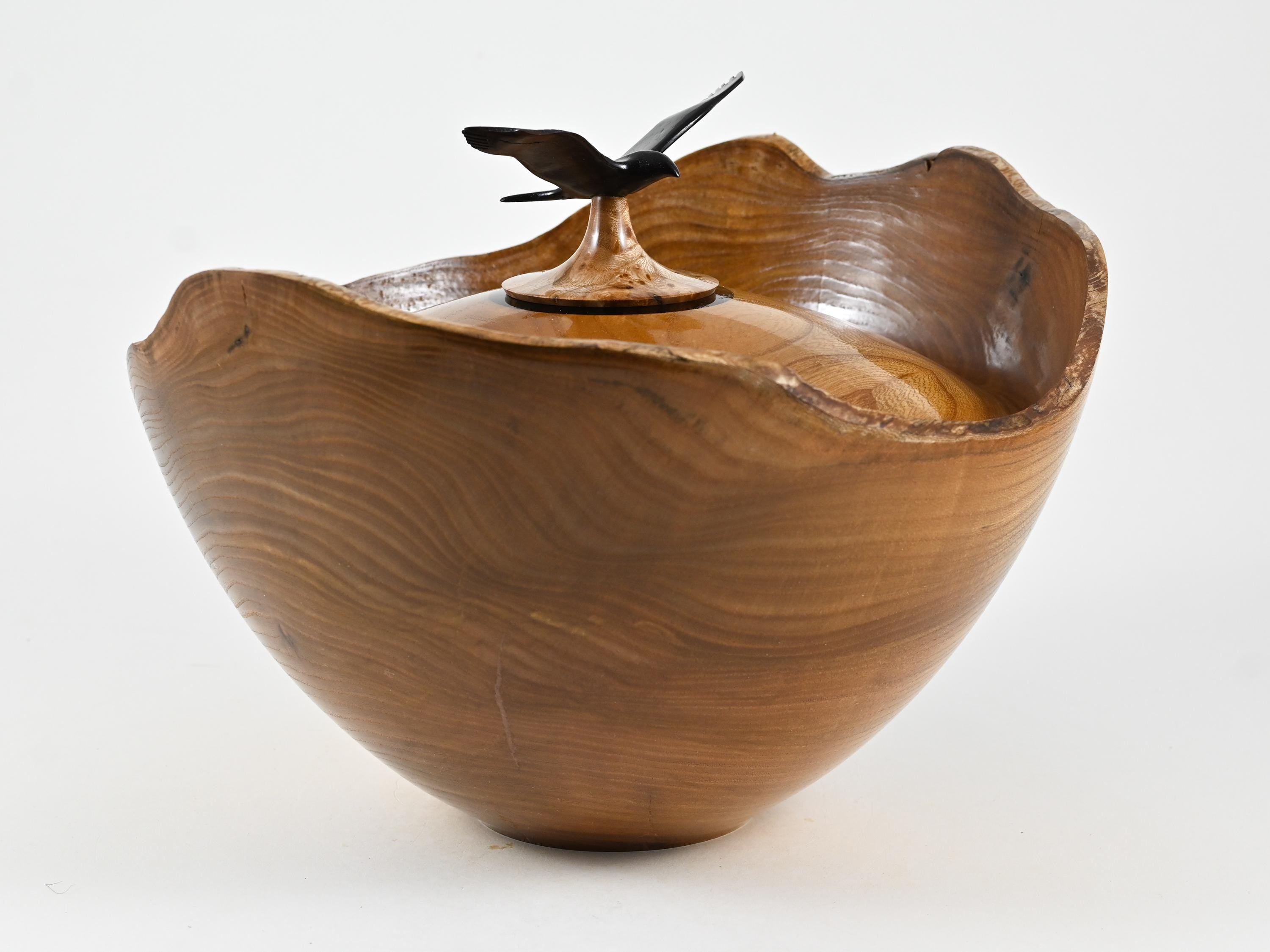 Handmade Dutch Elm Wood Urn with Bird Lid (220 c.i.)
