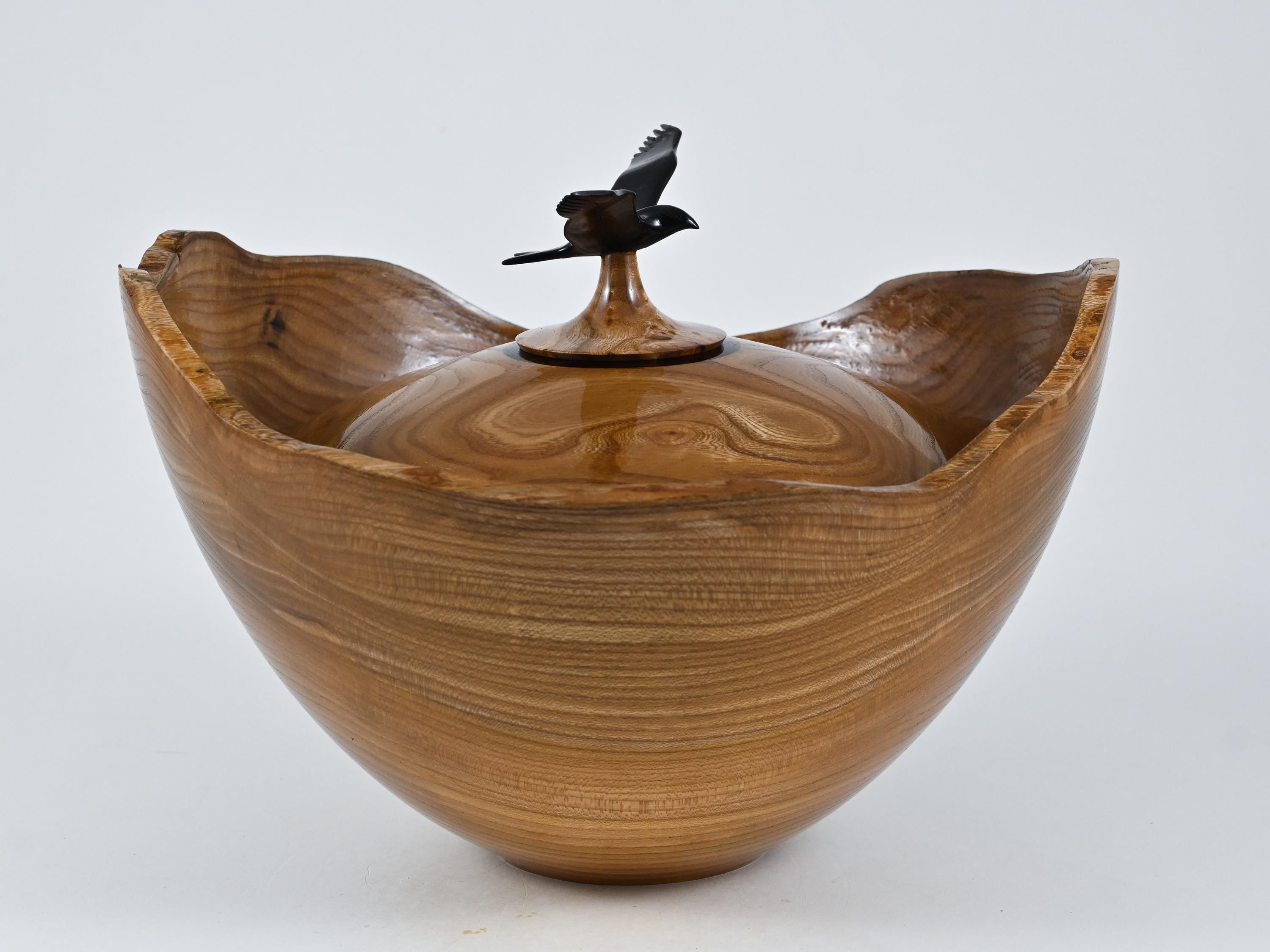 Handmade Dutch Elm Wood Urn with Bird Lid (220 c.i.)