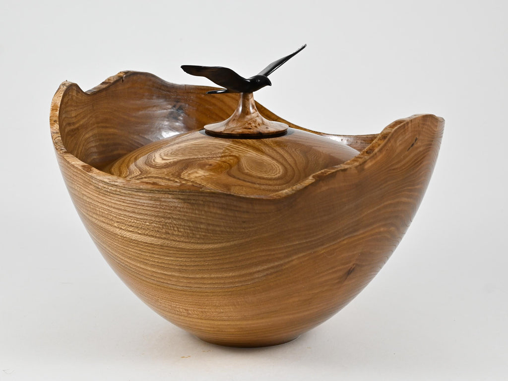 Handmade Dutch Elm Wood Urn with Bird Lid (220 c.i.)
